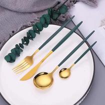 Conjunto De Talheres Luxo Aço Inox Dourado Com Verde Jantar - Coisaria