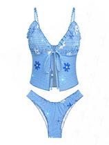 Conjunto de tanquíni com estampa floral de guingão seamoly, babados, azul