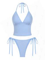 Conjunto de tanquíni com listras costuradas, cordão, lado direito, azul, XL