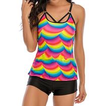 Conjunto de tanquíni feminino casual com estampa de tiras nas costas, terno de duas peças Conjunto de tanquíni feminino casual com estampa de tiras nas costas, terno de duas peças