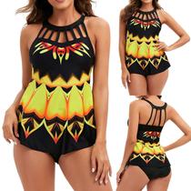 Conjunto de tanquíni feminino com estampa de tiras nas costas, duas peças, maiô, calcinha, roupa de praia