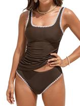 Conjunto de tanquíni feminino CUPSHE com costura quadrada XS Brown