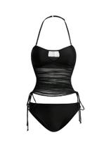 Conjunto de tanquíni feminino WDIRARA com corte frente única em preto transparente Conjunto de tanquíni feminino WDIRARA com corte frente única em preto transparente
