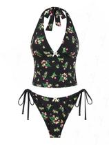 Conjunto de tanquíni Seamoly Ditsy Floral Halter Amarrado na parte superior e na lateral da gravata, parte inferior brasileira, preta, GG