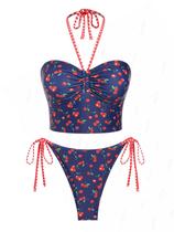 Conjunto de tanquíni Seamoly Fruit Cherry Print Ruched Halter