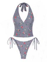 Conjunto de tanquíni Seamoly Gingham com estampa floral Halter Black L
