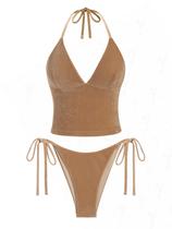 Conjunto de tanquíni Seamoly Velvet Mesh Halter Tie Side Coffee XXL
