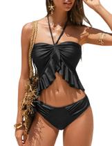 Conjunto de tanquíni ZAFUL conversível Tummy Control preto para mulheres Conjunto de tanquíni ZAFUL conversível Tummy Control preto para mulheres