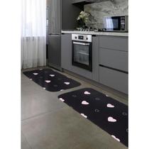 Conjunto de Tapetes de Cozinha Preto Corações Rosa BL 2 Peças