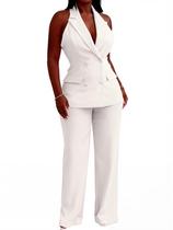 Conjunto de terno feminino de 2 peças, sem mangas, calças de negócios casuais Conjunto de terno feminino de 2 peças, sem mangas, calças de negócios casuais