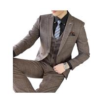 Conjunto De Terno Masculino Estilo Britânico Coreano Em Xadrez Com Colete E Calças De Alta Qualidade
