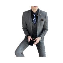 Conjunto De Terno Masculino Estilo Britânico Coreano Em Xadrez Com Colete E Calças De Alta Qualidade