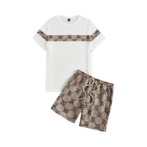 Conjunto De Terno Masculino Retro Com Gola Redonda E Estampa, Dois Peças, Manga Curta, Confortável E