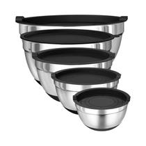 Conjunto De Tigelas De Mistura Em Aço Inoxidável Preto 8 Peças Com Tampas Herméticas E Fundos