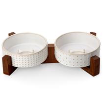 Conjunto de Tigelas para Cães MALACASA com Suporte de Madeira de Nogueira, 1,5 xícaras, Cerâmica