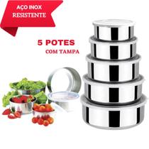 Conjunto De Tigelas Vasilhas Aço Inox Com Tampa Porta Mantimentos 5 Peças Resistente