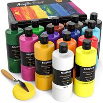 Conjunto de tinta acrílica Nicpro 14 cores 500mL com faca e esponja