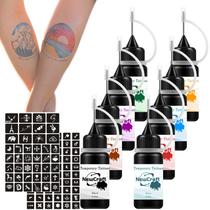 Conjunto de tinta de tatuagem temporária NewCraft 8 cores com 102 estênceis Conjunto de tinta de tatuagem temporária NewCraft 8 cores com 102 estênceis