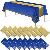 Conjunto de toalhas de mesa e corredores de mesa, pacote com 16 unidades azul/dourado para festa Conjunto de toalhas de mesa e corredores de mesa, pacote com 16 unidades azul/dourado para festa