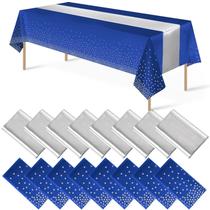 Conjunto de toalhas de mesa e corredores de mesa, pacote com 16 unidades azul/prata para festa