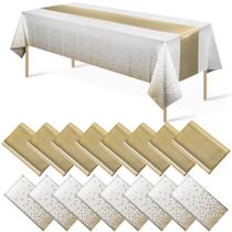 Conjunto de toalhas de mesa e corredores de mesa, pacote com 16 unidades, branco/dourado para festa