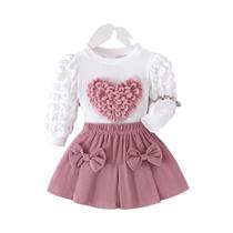 Conjunto De Top Com Manga Balão E Saia Curta Para Meninas De 1 a 3 Anos, Confortável E Com Estampa