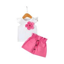 Conjunto De Top Com Mangas Em Renda 3D Rosa E Saia Com Cintura Elástica Para Menina De 0-3 Anos,