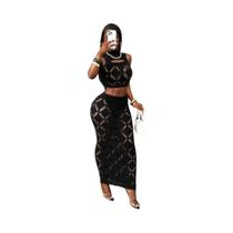 Conjunto De Top Cropped De Renda Preta Em Tamanho plus E Saia Mini De Cintura Alta Para Mulheres,