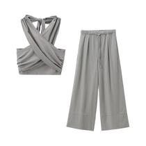 Conjunto De Top Cropped Sem Mangas Em Caqui E Calças De Cintura Alta Com Pernas Largas Moda