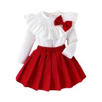 Conjunto De Top De Renda Com Laço De Manga Longa E Saia Plissada Rosa Vermelha Para Meninas, 2 Peças