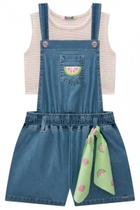 Conjunto de Top em Cotton Trabalhado e Jardineira em Jeans Liz 75853 Kukiê