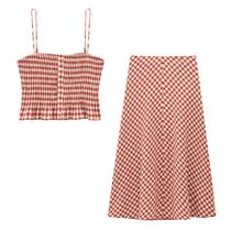 Conjunto De Top Sem Alças E Saia Midi Em Xadrez Para Mulheres, Elegante Com Zíper Lateral, Vestido