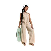 Conjunto De Top Sem Mangas E Calças De Perna Larga Em Cores Sólidas Para Meninas De 8 a 12 Anos