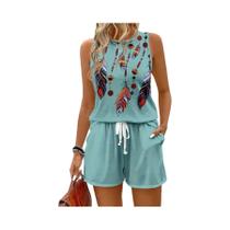 Conjunto De Top Sem Mangas Estampado Elegante plus Size Com Shorts Com Cordão Casual Versátil