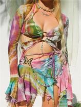 Conjunto De Tops Cropped E Saias Em Tie Dye Para Mulheres, Sexy, Com Recortes, 3 Peças, Moda De Rua