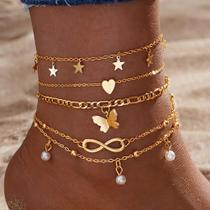 Conjunto De Tornozeleiras Femininas Bohemia Com Borboleta, Estrela, Coração E Pérola Joias De