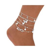 Conjunto De Tornozeleiras Vintage Prateadas Boêmias Para Mulheres Com Pingentes De Pérola,