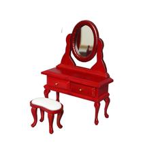 Conjunto de toucador vermelho de madeira para móveis de casa de bonecas em miniatura, escala 1:12