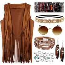 Conjunto de traje adulto FEYIR, anos 60, 70, com franja marrom e hippie Conjunto de traje adulto FEYIR, anos 60, 70, com franja marrom e hippie