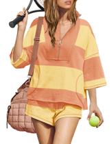 Conjunto de treino feminino ReachMe, short listrado, 2 peças, laranja, amarelo