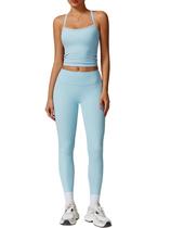 Conjunto de treino QBGJTD, camiseta regata feminina com costas cruzadas, azul S