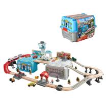 Conjunto de trem de brinquedo de madeira Hape Super Cityscape com cenas da cidade 3+ Conjunto de trem de brinquedo de madeira Hape Super Cityscape com cenas da cidade 3+