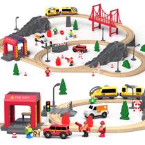 Conjunto de trem de madeira Giant Bean Fire Station 72 unidades com trilhos