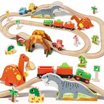 Conjunto de trem de madeira Lehoo Castle Dinosaur com pista para crianças Conjunto de trem de madeira Lehoo Castle Dinosaur com pista para crianças