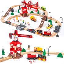 Conjunto de trem de madeira OmyBaby 86 unidades com guindaste para crianças de 3 a 5 anos Conjunto de trem de madeira OmyBaby 86 unidades com guindaste para crianças de 3 a 5 anos