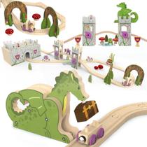 Conjunto de trem de madeira ORBRIUM, 68 peças, Fantasy Kingdom Adventure, em caixa de armazenamento de madeira, brinquedos infantis unissex, meninas, 3, 4, 5, 6, 7 anos, compatíveis com Thomas, BRIO, Melissa e Doug, Imaginarium, IKEA