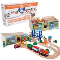 Conjunto de trem de madeira Orbrium Deluxe 52 unidades com túnel de caixa de armazenamento