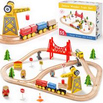 Conjunto de trem de madeira Tiny Land de 55 peças para crianças de 3 a 7 anos