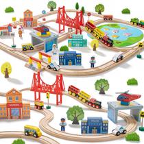 Conjunto de trem Tiny Land 110 peças de madeira com trilho para crianças de 3 a 7 anos