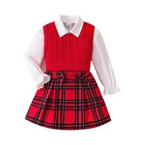Conjunto De Três Peças Tricotadas Para Meninas, Primavera E Outono, Top Vermelho Com Gola De Renda E